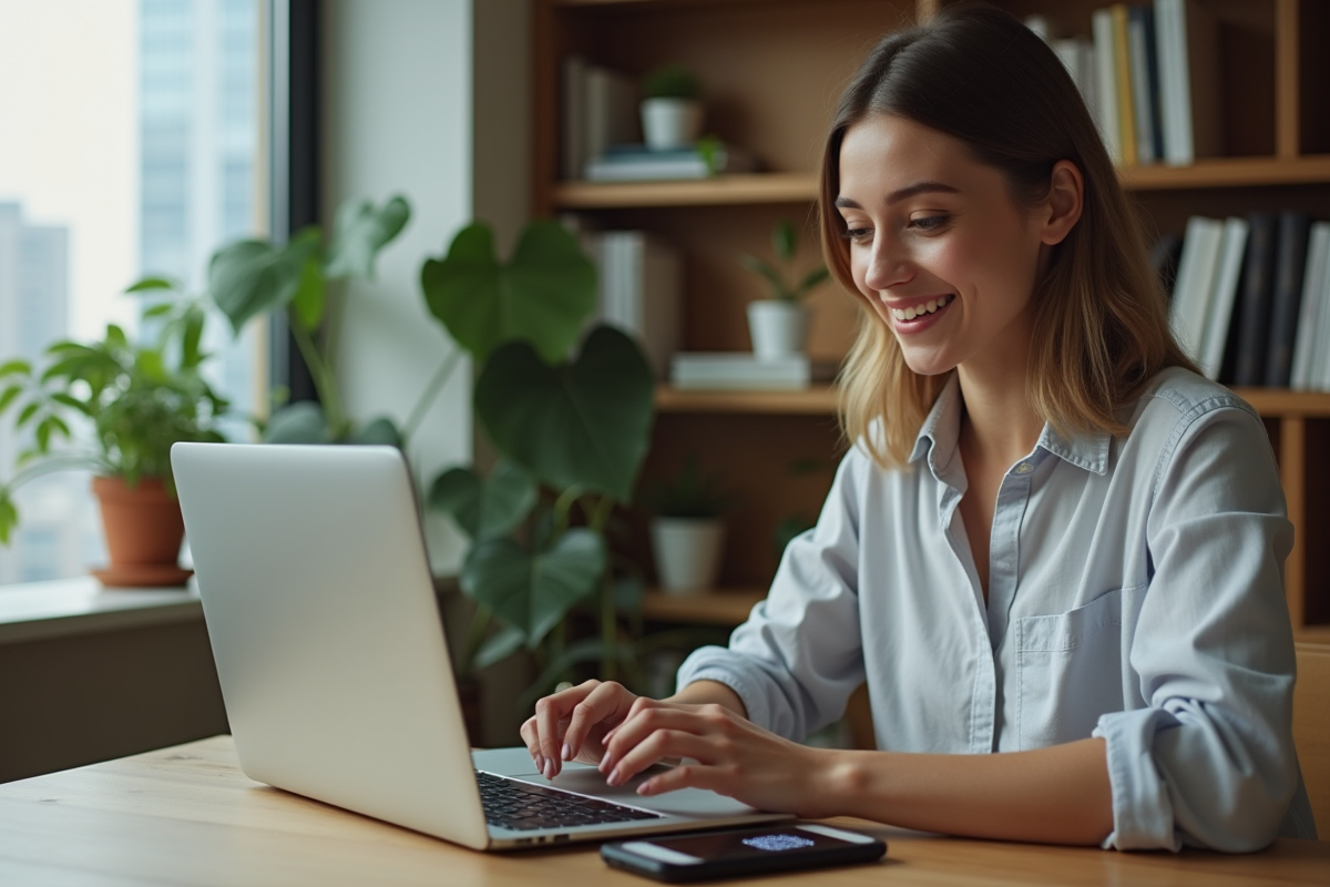 Jeune femme souriante confirmant une transaction crypto sur son ordinateur