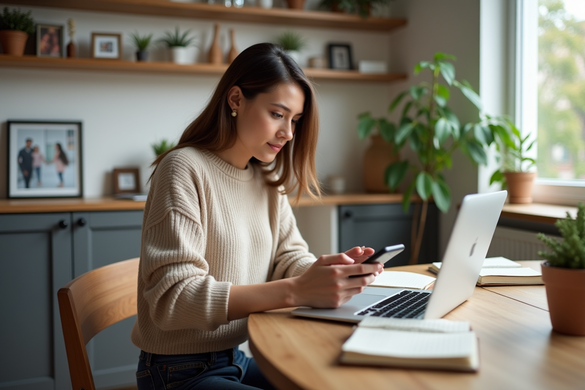 Femme jeune travaillant sur son ordinateur à la maison