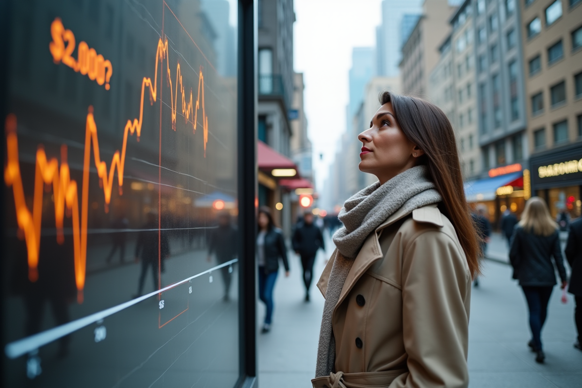 Femme dans la ville observant un panneau Solana en hausse