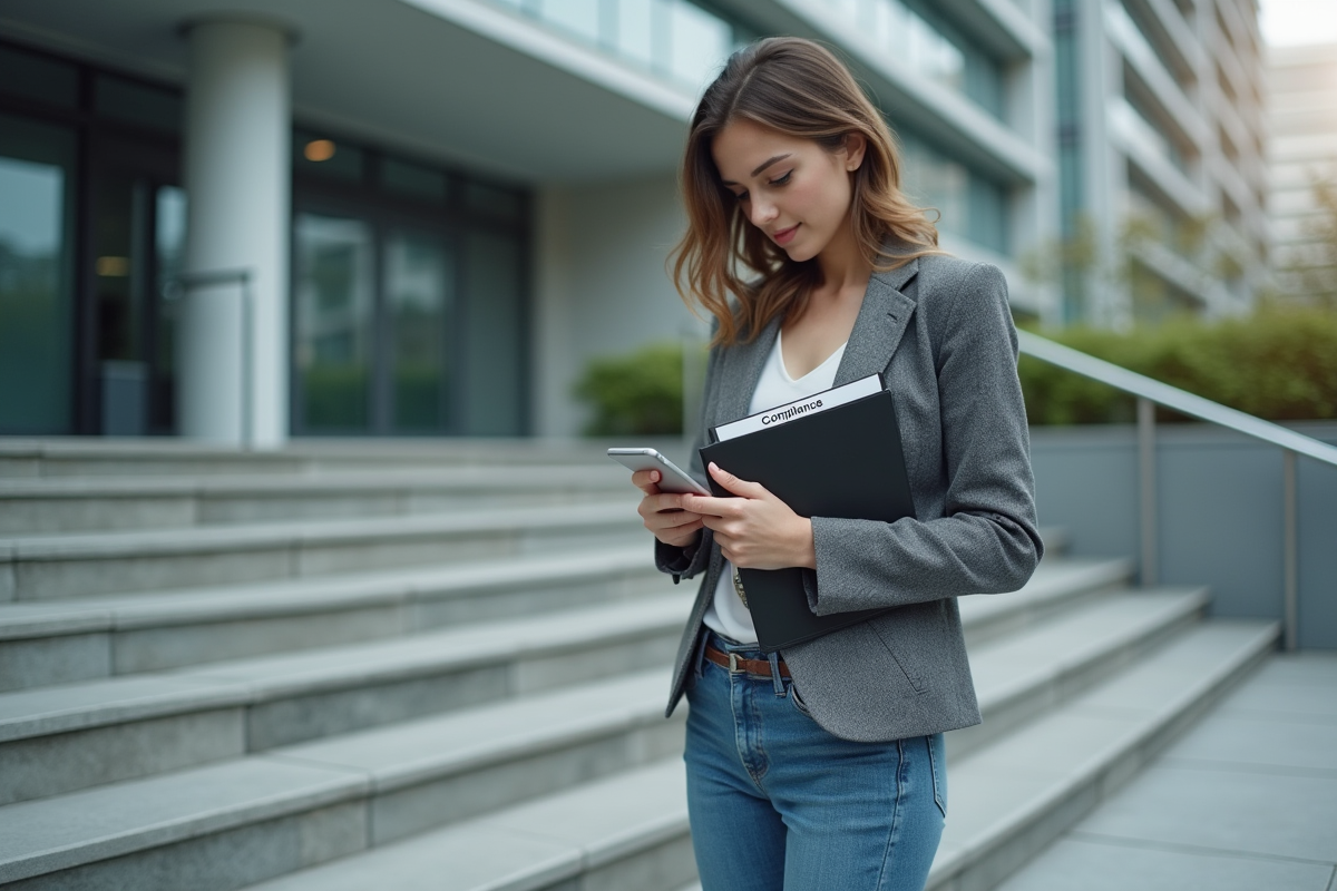 Jeune femme en extérieur consulte son smartphone avec un dossier