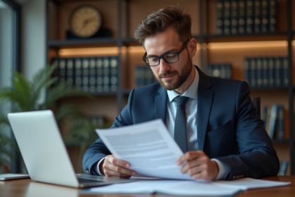 Homme d'affaires en costume bleu examine un formulaire d'assurance responsabilité