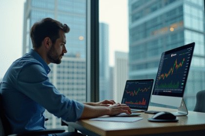 Jeune homme d'affaires regardant un graphique Solana sur son ordinateur