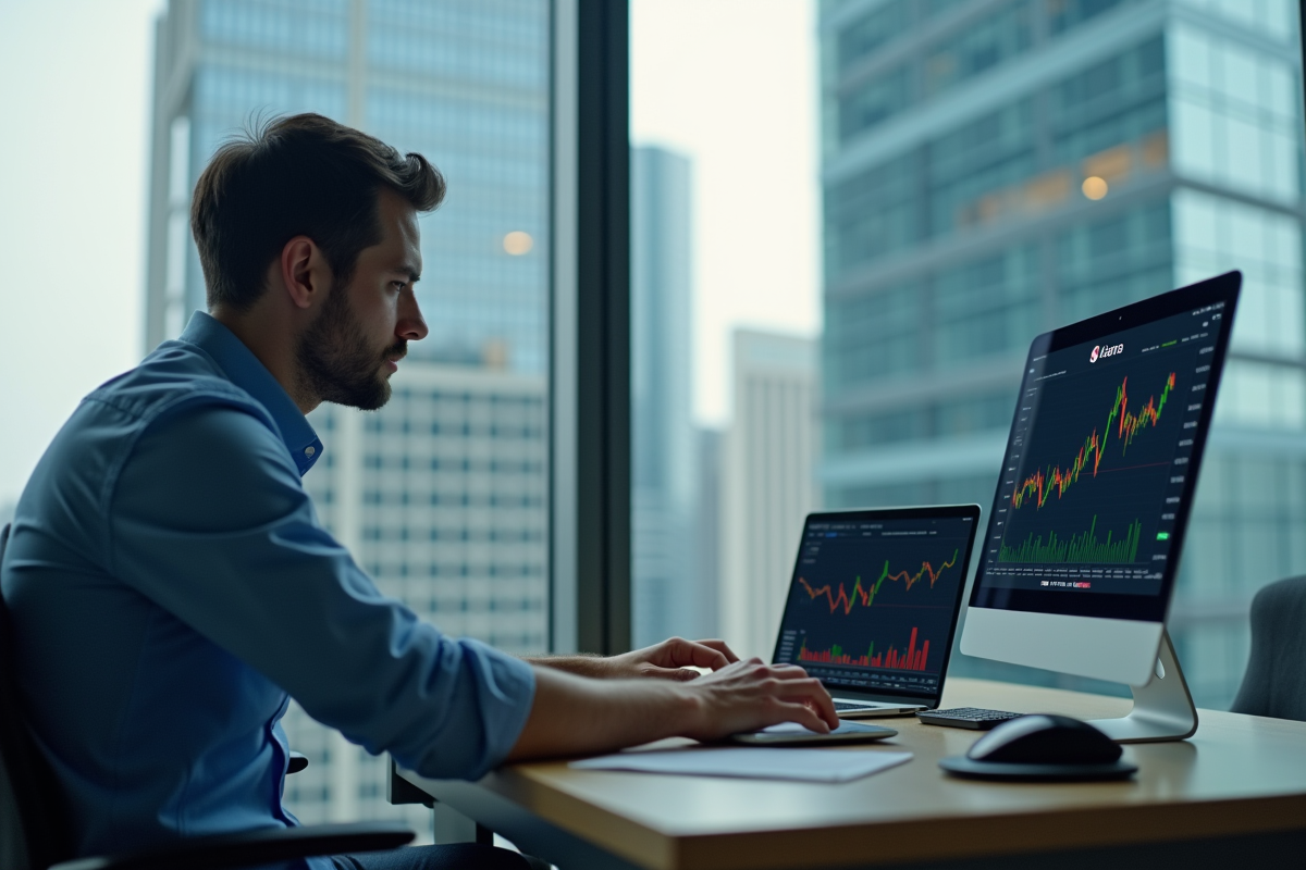 Jeune homme d'affaires regardant un graphique Solana sur son ordinateur
