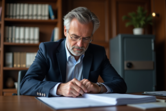 Homme d'affaires en costume bleu examine des documents financiers