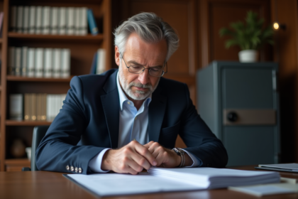 Homme d'affaires en costume bleu examine des documents financiers