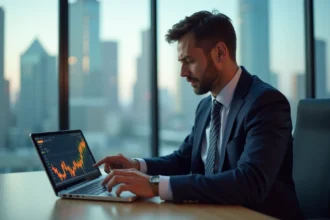 Homme d'affaires en costume regardant un graphique boursier