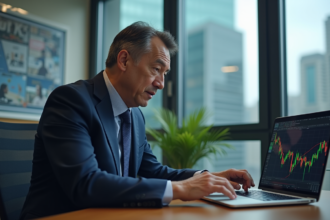 Homme d'affaires en costume bleu analysant la bourse