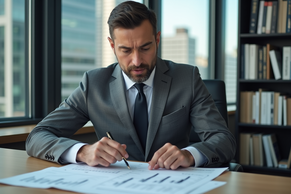 Homme d'affaires en costume gris analysant des graphiques financiers