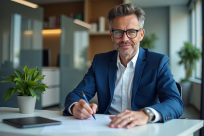 Homme d'affaires en costume bleu signant des documents