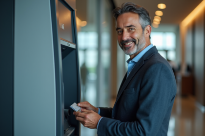 Homme d'affaires insérant sa carte dans un ATM moderne