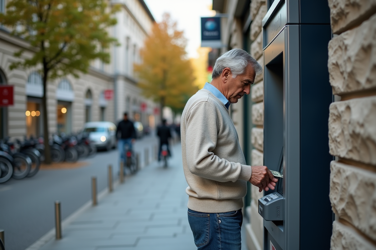Homme utilisant un distributeur automatique en extérieur