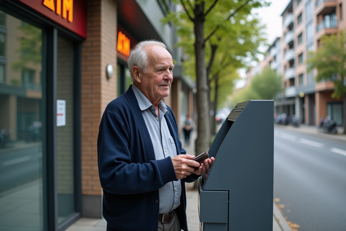 Homme âgé utilisant un distributeur automatique en ville