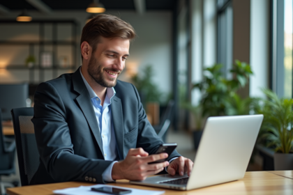 Homme d'affaires vérifiant une notification Bitcoin sur smartphone