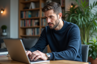 Homme détendu travaillant sur son ordinateur à la maison