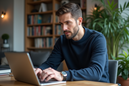 Homme détendu travaillant sur son ordinateur à la maison