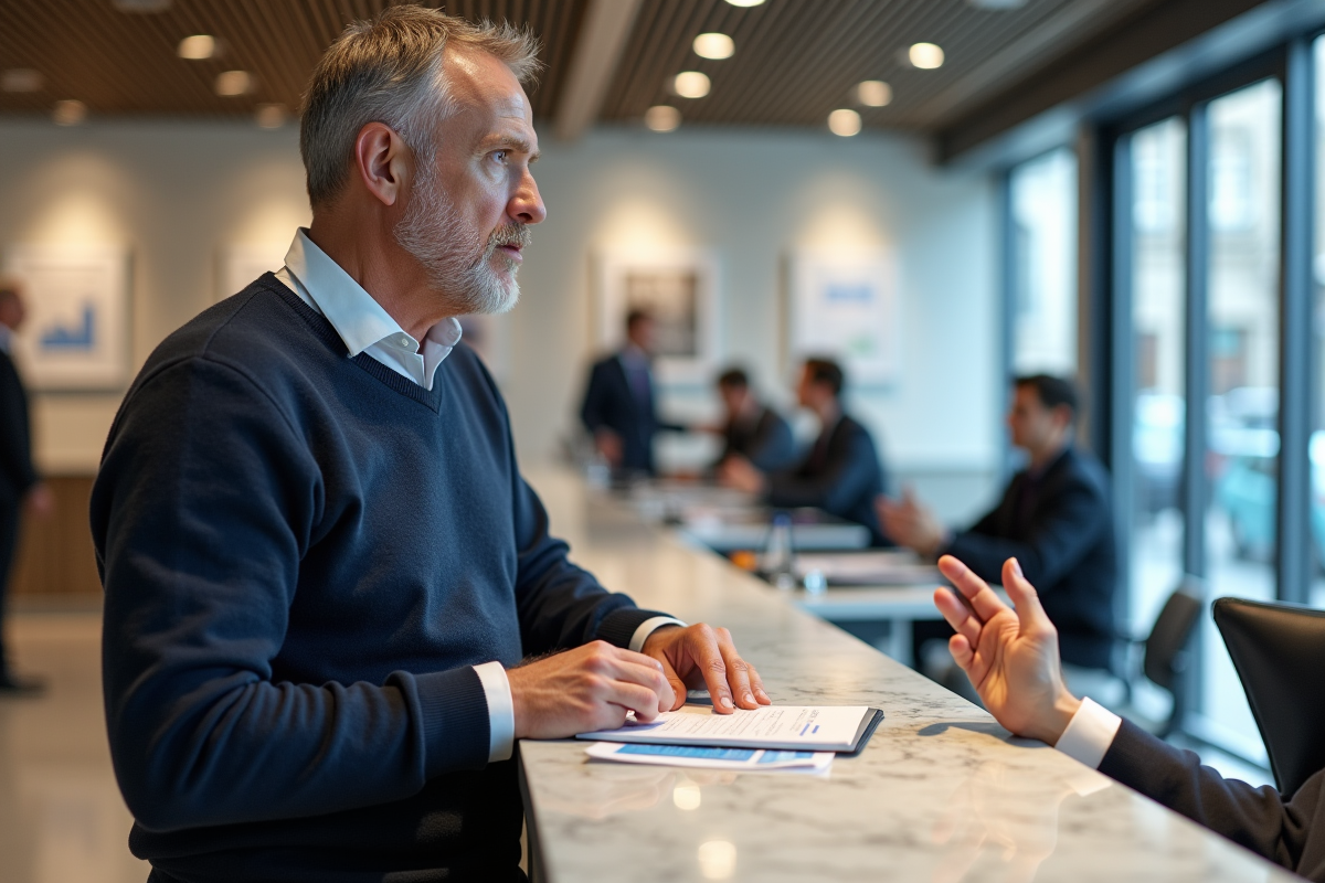 Homme discute options ETF avec conseiller en banque