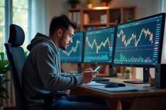 Jeune homme concentré vérifiant ses écrans crypto