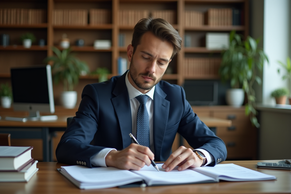 Homme d'affaires en costume bleu examine des documents juridiques