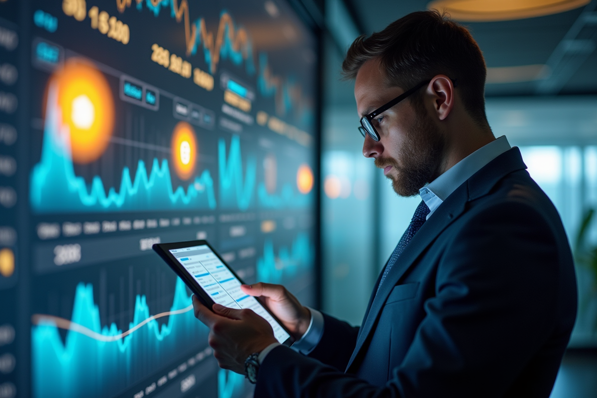 Homme étudiant graphiques de cryptomonnaies sur une tablette