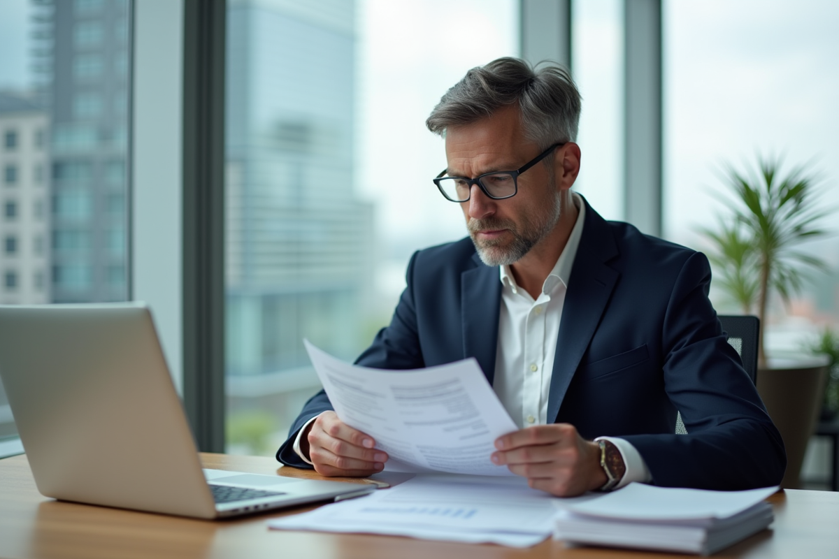 Homme d'âge moyen en tenue décontractée d'affaires examine des documents d'investissement dans un bureau lumineux