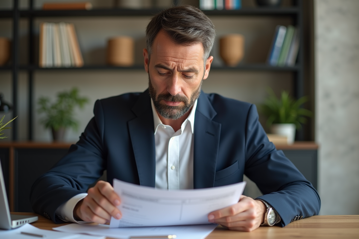 Homme d'âge moyen en costume bleu examinant des documents fiscaux