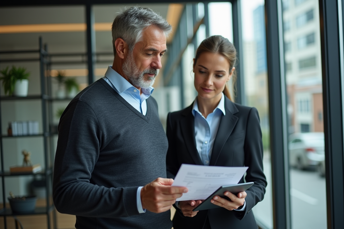 Homme et conseiller financier examinant des documents dans un bureau moderne