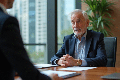Homme senior en blazer discutant avec conseiller bancaire