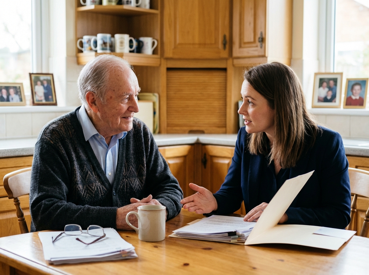 Homme senior souriant discute avec une femme à la maison
