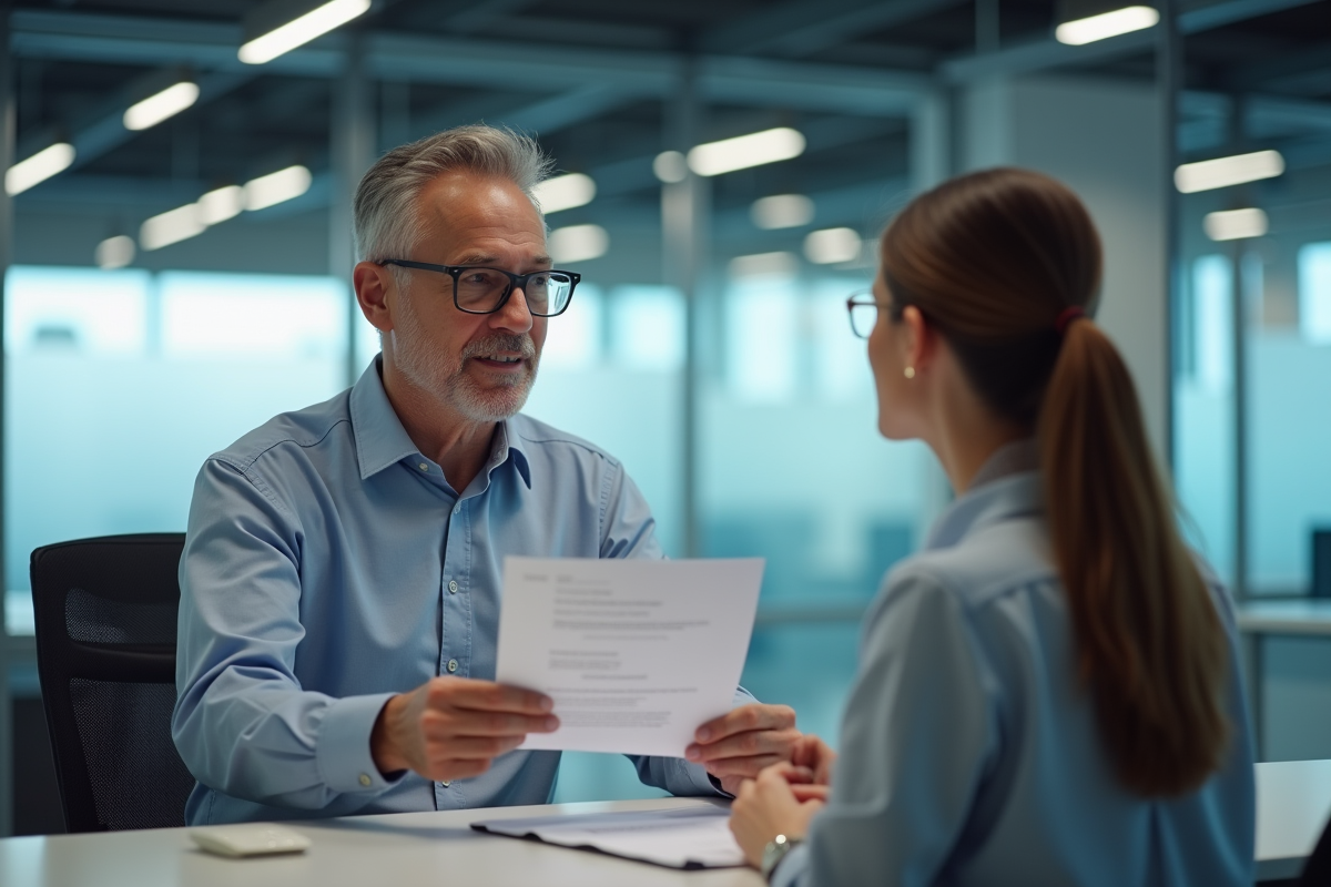Homme discute avec un conseiller telecom au bureau