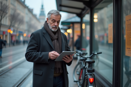 Homme d'âge moyen vérifiant les itinéraires à un arrêt de tram moderne