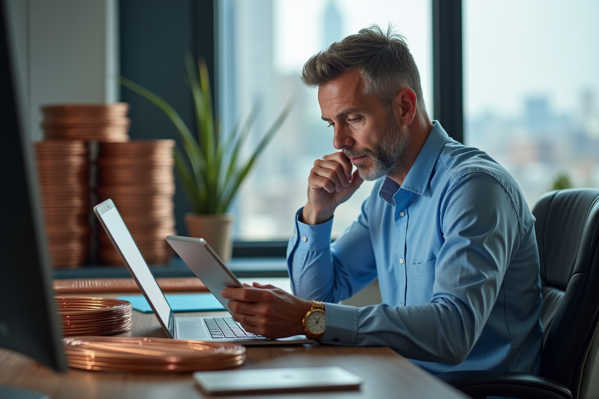 Trader homme d'âge moyen analysant des barres de cuivre