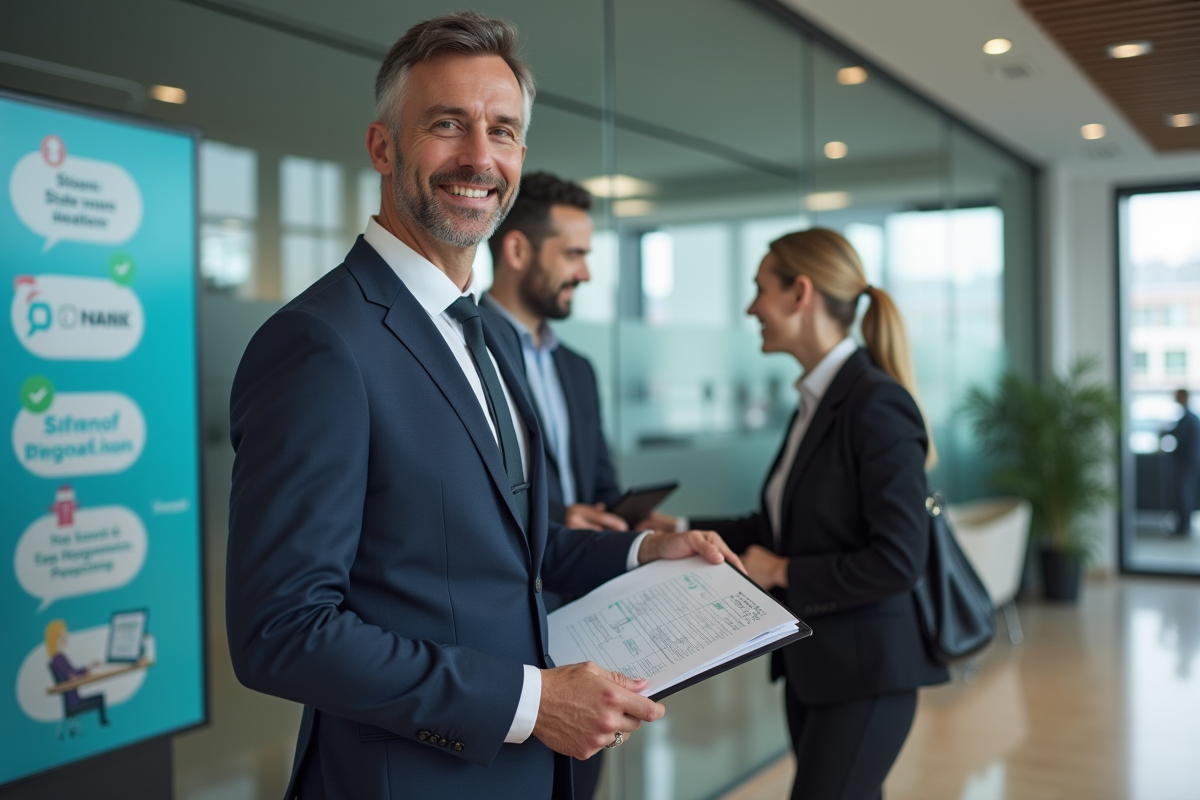 Homme en costume remettant un dossier à un conseiller bancaire