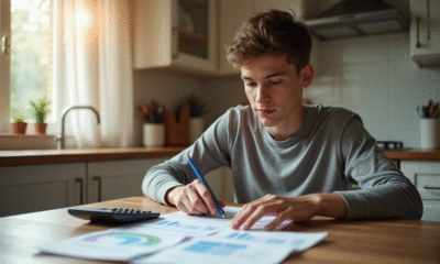 Jeune adulte à la table du matin avec documents financiers
