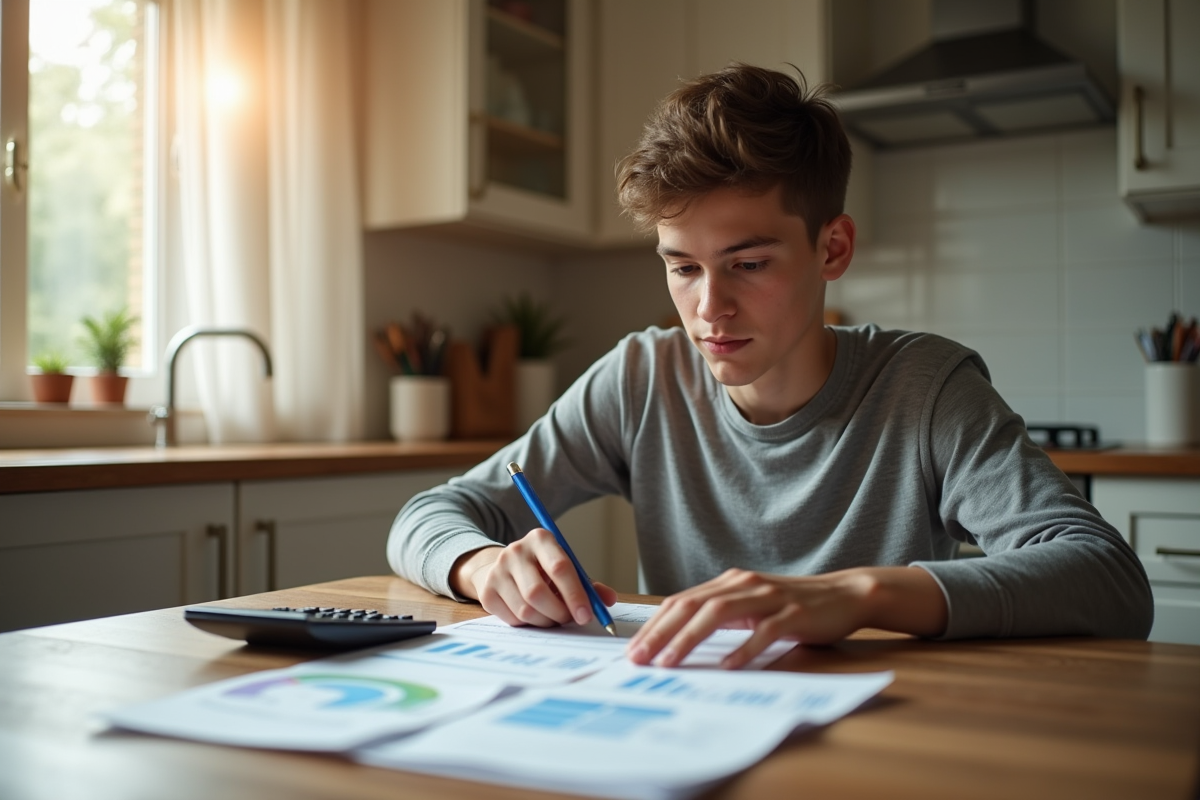 Jeune adulte à la table du matin avec documents financiers