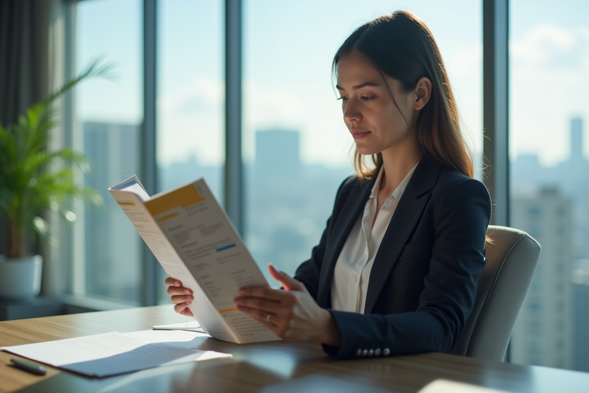 Jeune femme professionnelle examinant des brochures d