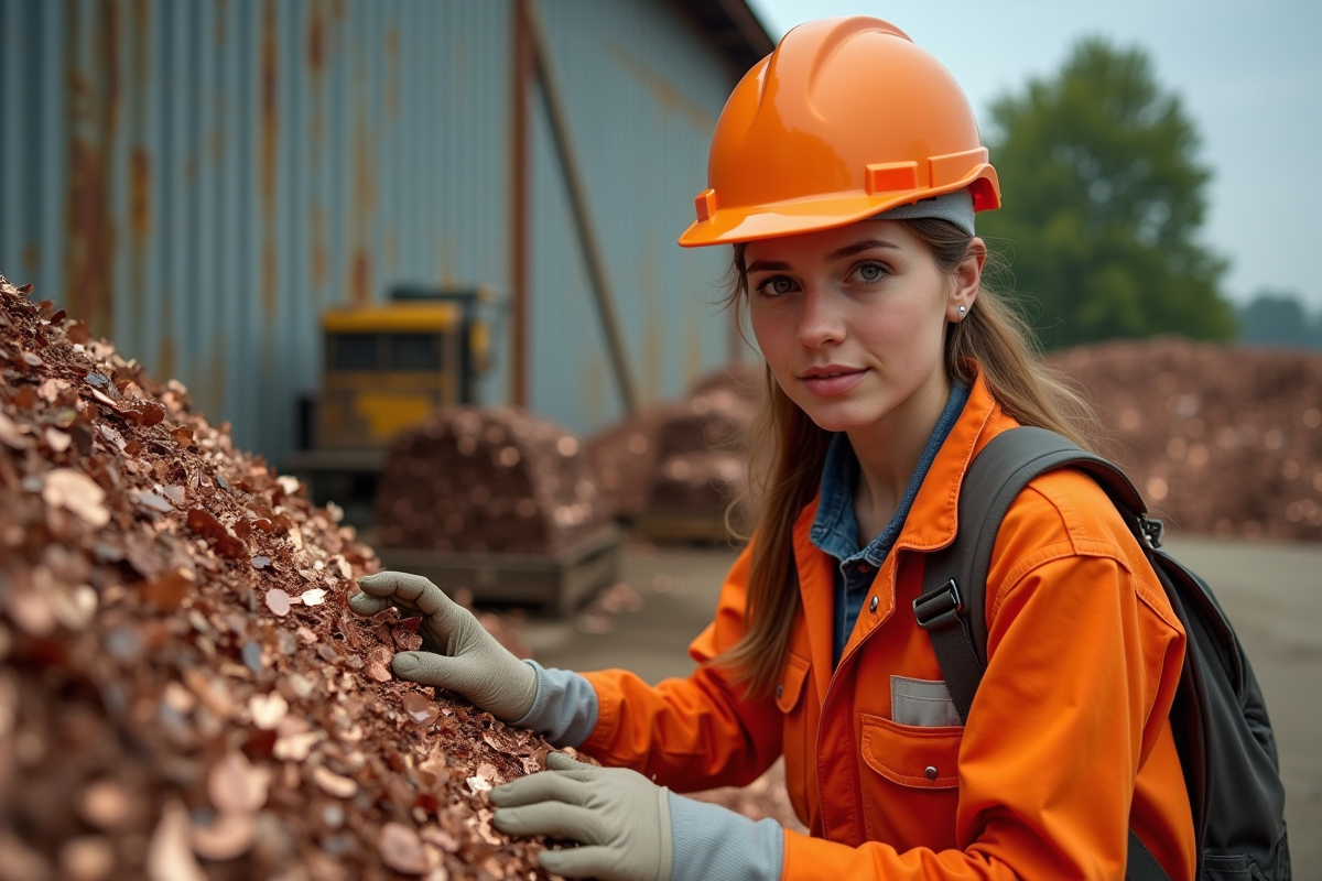 Femme jeune inspectant un tas de cuivre recyclé en extérieur