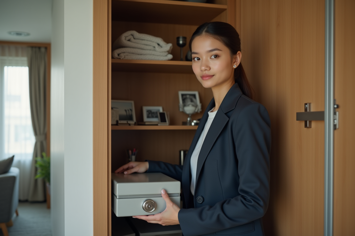 Jeune femme professionnelle range un coffre dans un placard