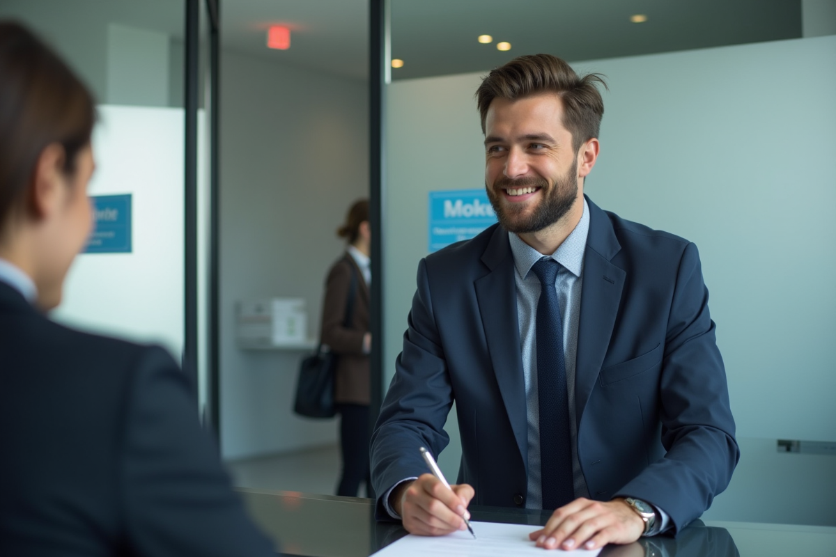 Jeune professionnel discutant avec un agent d