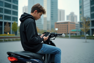 Jeune garçon en streetwear avec moto et graphique financier