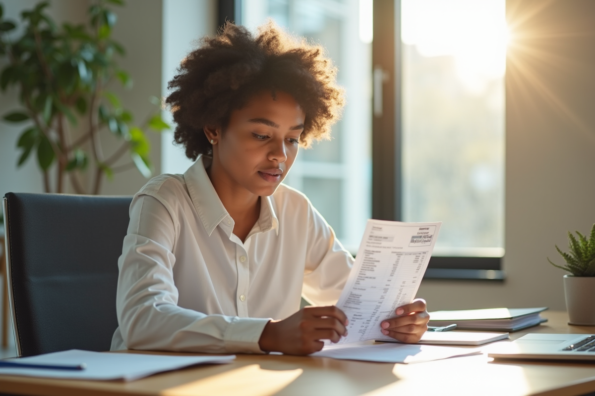 Jeune professionnel examinant des bulletins de salaire