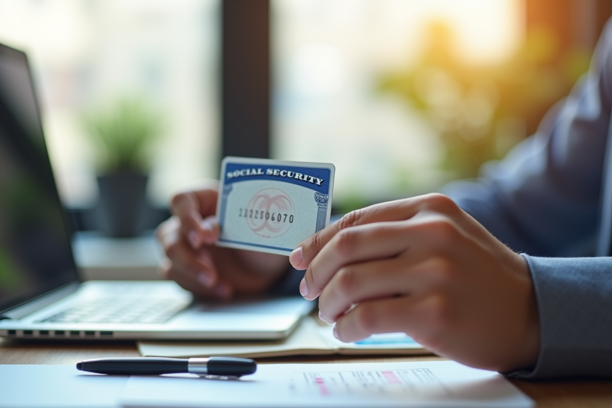 Personne tenant une carte de sécurité sociale partiellement visible