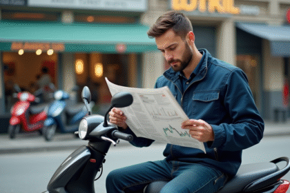 Jeune mecanicien lisant un journal financier sur sa moto