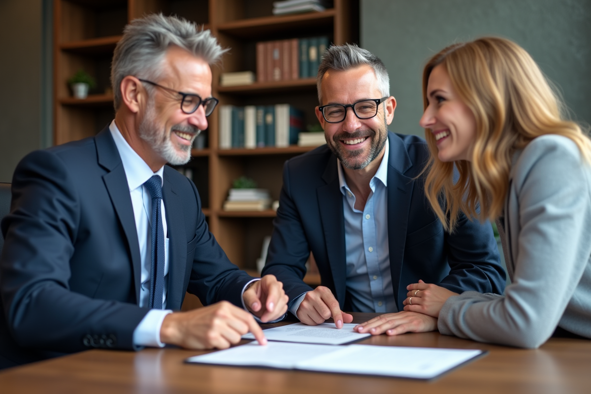 Notaire en costume vérifiant des documents avec un couple