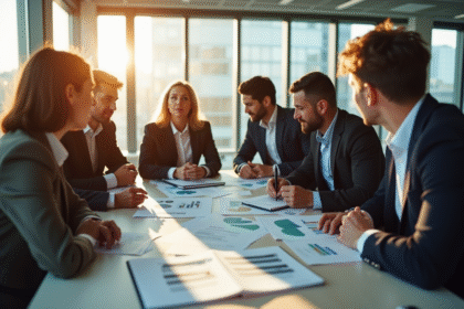 Groupe de professionnels analysant des crédits carbone en réunion