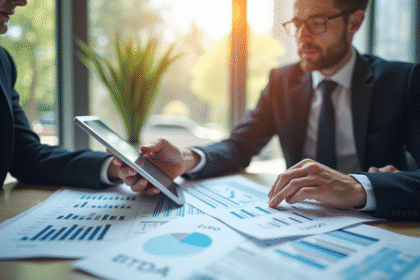 Deux professionnels analysant des graphiques financiers avec EBITDA