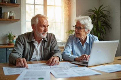 Couple senior réfléchissant à leur retraite devant un ordinateur